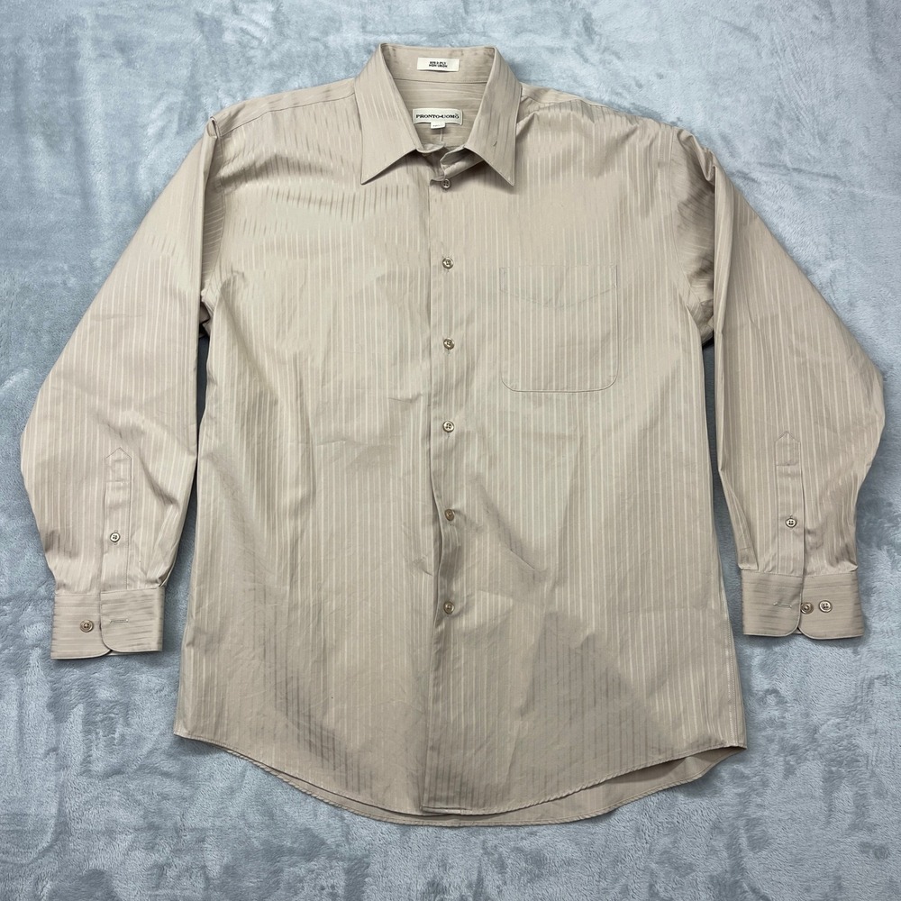 Pronto Uomo Men's Beige Striped Long Sleeve Non Iron Dress Shirt Size 16 32/33